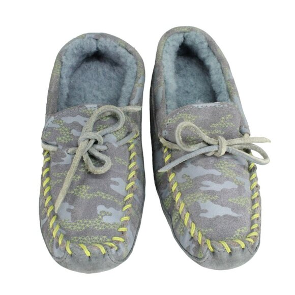 LL Bean Feldspar Camo Kids Gray Suede Wicked Good Shearling Lined Slippers Sz 4 - Picture 5 of 9
